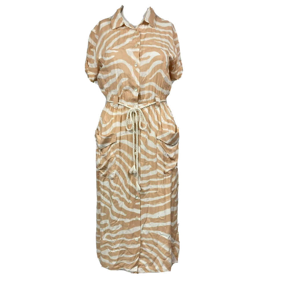 NWT Frnch Paris Dress Womens S Beige White Zebra April Shirt Belted Short Sleeve